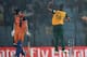 Beuran Hendricks celebrates sparing South Africa's blushes by taking the Netherlands' final wicket