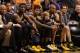 PHOENIX, AZ - JANUARY 22: (R-L) David West #21, Lance Stephenson #1, Paul George #24 and Roy Hibbert #55 of the Indiana Pacers react on the bench during the second half of the NBA game against the Phoenix Suns at US Airways Center on January 22, 2014 in