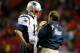 ATLANTA, GA - SEPTEMBER 29: Tom Brady #12 of the New England Patriots converses with head coach Bill Belichick during the game against the Atlanta Falcons at Georgia Dome on September 29, 2013 in Atlanta, Georgia. (Photo by Kevin C. Cox/Getty Images)