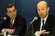 Braves president Stan Kasten (right, with GM John Schuerholz) addresses the media in January 2000, after Bud Selig suspended Rocker.