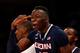 NEW YORK, NY - MARCH 28: Amida Brimah #35 of the Connecticut Huskies reacts late in the game against the Iowa State Cyclones during the regional semifinal of the 2014 NCAA Men's Basketball Tournament at Madison Square Garden on March 28, 2014 in New York