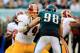 PHILADELPHIA, PA - NOVEMBER 17: Tackle Tyler Polumbus #74 of the Washington Redskins blocks outside linebacker Connor Barwin #98 of the Philadelphia Eagles at Lincoln Financial Field on November 17, 2013 in Philadelphia, Pennsylvania. (Photo by Rob Carr/