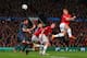 MANCHESTER, ENGLAND - APRIL 01: Nemanja Vidic of Manchester United heads in the first goal during the UEFA Champions League Quarter Final first leg match between Manchester United and FC Bayern Muenchen at Old Trafford on April 1, 2014 in Manchester, Eng