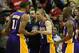 HOUSTON, TX - NOVEMBER 07: Steve Blake #5 of the Los Angeles Lakers celebrates with his teammates after his game-winning three point shot en route to a 99-98 defeat of the Houston Rockets during the game at Toyota Center on November 7, 2013 in Houston, T