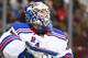 VANCOUVER, BC - APRIL 1: Henrik Lundqvist #30 of the New York Rangers looks on from his crease during their NHL game against the Vancouver Canucks at Rogers Arena April 1, 2014 in Vancouver, British Columbia, Canada. New York won 3-1. (Photo by Jeff Vin