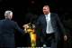 BOSTON, MA - OCTOBER 28: Coach Glenn 'Doc' Rivers of the Boston Celtics shakes hands with NBA Commissioner David Stern during the 2008 NBA World Championship ceremony before a game against the Cleveland Cavaliers at the TD Banknorth Garden on October 28,