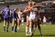 WARRINGTON, ENGLAND - FEBRUARY 13: Luke Walsh of St Helens is congratulated on his try by teammate Tommy Makinson during the Super League match between Warrington Wolves and St Helens at The Halliwell Jones Stadium on February 13, 2014 in Warrington, Eng