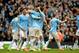 MANCHESTER, ENGLAND - APRIL 05: Stevan Jovetic of Manchester City is congratulated by teammate Sami Nasri after scoring his team's fourth goal during the Barclays Premier League match between Manchester City and Southampton at Etihad Stadium on April 5,