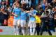 MANCHESTER, ENGLAND - APRIL 05: Samir Nasri of Manchester City is congratulkated by teammates after scoring his team's second goal during the Barclays Premier League match between Manchester City and Southampton at Etihad Stadium on April 5, 2014 in Manc