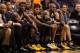 PHOENIX, AZ - JANUARY 22: (R-L) David West #21, Lance Stephenson #1, Paul George #24 and Roy Hibbert #55 of the Indiana Pacers react on the bench during the second half of the NBA game against the Phoenix Suns at US Airways Center on January 22, 2014 in