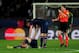 PARIS, FRANCE - APRIL 02: Thiago Motta of PSG checks on teammate Zlatan Ibrahimovic after he goes down injured during the UEFA Champions League quarter final, first leg match between Paris Saint Germain and Chelsea at Parc des Princes on April 2, 2014 in