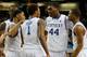 ATLANTA, GA - MARCH 15: Julius Randle #30, Andrew Harrison #5, James Young #1, Dakari Johnson #44 and Aaron Harrison #2 of the Kentucky Wildcats huddle together during the semifinals of the SEC Men's Basketball Tournament against the Georgia Bulldogs at