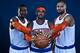 GREENBURGH, NY - OCTOBER 1: Amar'e Stoudemire #1, Carmelo Anthony #7 and Tyson Chandler #6 of the New York Knicks poses for a portrait during Media Day on October 1, 2012 at the Knicks Training Facility in Greeburgh, New York. NOTE TO USER: User expressl