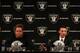 ALAMEDA, CA - JANUARY 30: New Oakland Raiders head coach Dennis Allen (R) speaks to reporters as Raiders general manager Reggie McKenzie (L) looks on during a press conference on January 30, 2012 in Alameda, California. Dennis Allen was introduced as th