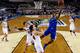 ARLINGTON, TX - APRIL 05: Andrew Harrison #5 of the Kentucky Wildcats takes a shot as Bronson Koenig #24 of the Wisconsin Badgers defends during the NCAA Men's Final Four Semifinal at AT&T Stadium on April 5, 2014 in Arlington, Texas. (Photo by Chris Step