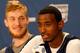 ARLINGTON, TX - APRIL 04: DeAndre Daniels #2 and Niels Giffey #5 of the Connecticut Huskies answer questions from the media before practice ahead of the 2014 NCAA Men's Final Four at AT&T Stadium on April 4, 2014 in Arlington, Texas. (Photo by Ronald Ma