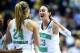 NASHVILLE, TN - APRIL 06: Hannah Huffman #24 and Michaela Mabrey #23 of the Notre Dame Fighting Irish celebrate late in the game against the Maryland Terrapins during the NCAA Women's Final Four semifinal at Bridgestone Arena on April 6, 2014 in Nashville
