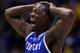 INDIANAPOLIS, IN - MARCH 30: Julius Randle #30 of the Kentucky Wildcats celebrates after defeating the Michigan Wolverines 75 to 72 in the midwest regional final of the 2014 NCAA Men's Basketball Tournament at Lucas Oil Stadium on March 30, 2014 in India