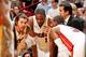 MIAMI, FL - JUNE 6: Head Coach Erik Spoelstra of the Miami Heat leads players Mike Miller #13, Chris Bosh #1 and Dwyane Wade #3 in a huddle before resuming play against the San Antonio Spurs during Game One of the 2013 NBA Finals on June 6, 2013 at Americ