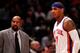 NEW YORK, NY - MAY 03: (L-R) Head coach Mike Woodson and Carmelo Anthony #7 of the New York Knicks look on against the Miami Heat in Game Three of the Eastern Conference Quarterfinals in the 2012 NBA Playoffs on May 3, 2012 at Madison Square Garden in Ne