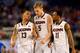 ARLINGTON, TX - APRIL 07: Shabazz Napier #13 speaks with Niels Giffey #5 and Ryan Boatright #11 during the NCAA Men's Final Four Championship against the Kentucky Wildcats at AT&T Stadium on April 7, 2014 in Arlington, Texas. (Photo by Jamie Squire/Getty