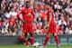 LIVERPOOL, ENGLAND - MARCH 30: Luis Suarez (R) and Daniel Sturridge of Liverpool prepare to kick off during the Barclays Premier League match between Liverpool and Tottenham Hotspur at Anfield on March 30, 2014 in Liverpool, England. (Photo by Alex Live