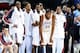 OKLAHOMA CITY, OK - MARCH 22: (L-R) Nick Collison #4, Serge Ibaka #9, Etan Thomas #36, Kyle Weaver #5, Kevin Durant #35, Kevin Ollie #7 and James Harden #13 of the Oklahoma City Thunder watch the action from the sidelines during the game against the San