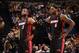 INDIANAPOLIS, IN - MARCH 26: Dwyane Wade #3 and LeBron James #6 of the Miami Heat stand on the court during a game against the Indiana Pacers on March 26, 2014 at Bankers Life Fieldhouse in Indianapolis, IN. NOTE TO USER: User expressly acknowledges and