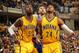 INDIANAPOLIS - JANUARY 16: Roy Hibbert #55 and Paul George #24 of the Indiana Pacers box out Andrea Bargnani #77 of the New York Knicks at Bankers Life Fieldhouse on January 14, 2014 in Indianapolis, Indiana. NOTE TO USER: User expressly acknowledges an