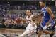 Apr 7, 2014; Arlington, TX, USA; Connecticut Huskies guard Shabazz Napier (13) drives to the basket defended by Kentucky Wildcats guard Aaron Harrison (2) in the second half during the championship game of the Final Four in the 2014 NCAA Mens Division I C