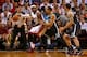 MIAMI, FL - APRIL 08: LeBron James #6 of the Miami Heat posts up Shaun Livingston #14 of the Brooklyn Nets during a game at AmericanAirlines Arena on April 8, 2014 in Miami, Florida. NOTE TO USER: User expressly acknowledges and agrees that, by download
