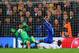 LONDON, ENGLAND - APRIL 08: Demba Ba of Chelsea scores their second goal during the UEFA Champions League Quarter Final second leg match between Chelsea and Paris Saint-Germain FC at Stamford Bridge on April 8, 2014 in London, England. (Photo by Julian F