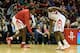 HOUSTON, TX - DECEMBER 08: Dwight Howard #12 and James Harden #13 of the Houston Rockets greet each other during a timeout during the game against the Orlando Magic at Toyota Center on December 8, 2013 in Houston, Texas. NOTE TO USER: User expressly ack