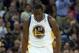 Mar 14, 2014; Oakland, CA, USA; Golden State Warriors forward Draymond Green (23) reacts after a three point basket against the Cleveland Cavaliers during the second quarter at Oracle Arena. Mandatory Credit: Kelley L Cox-USA TODAY Sports