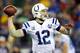FOXBORO, MA - JANUARY 11: Andrew Luck #12 of the Indianapolis Colts looks to throw a pass against the New England Patriots during the AFC Divisional Playoff game at Gillette Stadium on January 11, 2014 in Foxboro, Massachusetts. (Photo by Al Bello/Gett