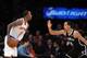 Apr 2, 2014; New York, NY, USA; Brooklyn Nets guard Shaun Livingston (14) guards New York Knicks guard J.R. Smith (8) during the first half at Madison Square Garden. Mandatory Credit: Joe Camporeale-USA TODAY Sports