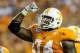 August 31, 2012; Atlanta, GA, USA; Tennessee Volunteers offensive linesman Antonio Richardson (74) celebrates in the second half against the North Carolina State Wolfpack at the Georgia Dome. Tennessee beat NC State 35-21. Mandatory Credit: Daniel Shirey-