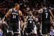 Apr 8, 2014; Miami, FL, USA; Brooklyn Nets forward Paul Pierce (left) reacts with Brooklyn Nets guard Joe Johnson (right) during the second half against the Miami Heat at American Airlines Arena. The Nets won 88-87. Mandatory Credit: Steve Mitchell-USA TO