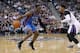 Apr 8, 2014; Sacramento, CA, USA; Oklahoma City Thunder guard Reggie Jackson (15) dribbles the ball next to Sacramento Kings guard Ben McLemore (16) in the third quarter at Sleep Train Arena. The Thunder defeated the Kings 107-92. Mandatory Credit: Cary E