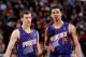 PORTLAND, OR - APRIL 4: Goran Dragic #1 and Gerald Green #14 of the Phoenix Suns stand on the court during a game against the Portland Trail Blazers on April 4, 2014 at the Moda Center Arena in Portland, Oregon. NOTE TO USER: User expressly acknowledges a