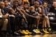 PHOENIX, AZ - JANUARY 22: (R-L) David West #21, Lance Stephenson #1, Paul George #24 and Roy Hibbert #55 of the Indiana Pacers react on the bench during the second half of the NBA game against the Phoenix Suns at US Airways Center on January 22, 2014 in
