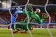LONDON, ENGLAND - APRIL 08: Demba Ba of Chelsea scores their second goal past Salvatore Sirigu of PSG during the UEFA Champions League Quarter Final second leg match between Chelsea and Paris Saint-Germain FC at Stamford Bridge on April 8, 2014 in London