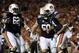 Oct 5, 2013; Auburn, AL, USA; Auburn Tigers quarterback Nick Marshall (14) celebrates his touchdown with offensive linesman Chad Slade (62) and Auburn Tigers defensive tackle Ben Bradley (50) during the second quarter against the Mississippi Rebels at Jor