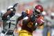 Sep 21, 2013; Los Angeles, CA, USA; Southern California Trojans receiver Marqise Lee (9) is defended by Utah State Aggies cornerback Daniel Gray (1) at the Los Angeles Memorial Coliseum. USC defeated Utah State 17-14. Mandatory Credit: Kirby Lee-USA TODAY