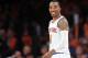 Apr 2, 2014; New York, NY, USA; New York Knicks guard J.R. Smith (8) looks on against the Brooklyn Nets during the second half at Madison Square Garden. The New York Knicks won 110-81. Mandatory Credit: Joe Camporeale-USA TODAY Sports