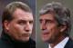FILE PHOTO - EDITORS NOTE: COMPOSITE OF TWO IMAGES - Image Numbers 159397701 (L) and 459415429) In this composite image a comparison has been made between Brendan Rodgers ,manager of Liverpool (L) and Manuel Pellegrini, manager of Manchester City. Liverp