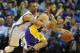 Mar 13, 2014; Oklahoma City, OK, USA; Oklahoma City Thunder guard Russell Westbrook (0) attempts to steal the ball from Los Angeles Lakers guard Jordan Farmar (1) during the third quarter at Chesapeake Energy Arena. Mandatory Credit: Mark D. Smith-USA TO