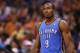 PHOENIX, AZ - APRIL 06: Serge Ibaka #9 of the Oklahoma City Thunder during the NBA game against the Phoenix Suns at US Airways Center on April 6, 2014 in Phoenix, Arizona. The Suns defeated the Thunder 122-115. NOTE TO USER: User expressly acknowledges