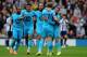 WEST BROMWICH, ENGLAND - APRIL 12: Harry Kane #37 of Spurs is congratulated by teammates after scoring his team's second goal during the Barclays Premier League match between West Bromwich Albion and Tottenham Hotspur at The Hawthorns on April 12, 2014 i
