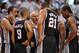 Jun 20, 2013; Miami, FL, USA; San Antonio Spurs head coach Gregg Popovich talks with San Antonio Spurs power forward Tim Duncan (21), point guard Tony Parker (9), and shooting guard Manu Ginobili (left) during the fourth quarter of game seven in the 2013
